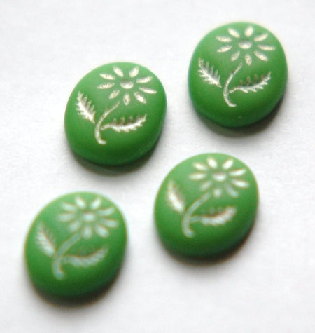 Vintage Green Glass with White Etched Flower Cabochon (4) cab576X