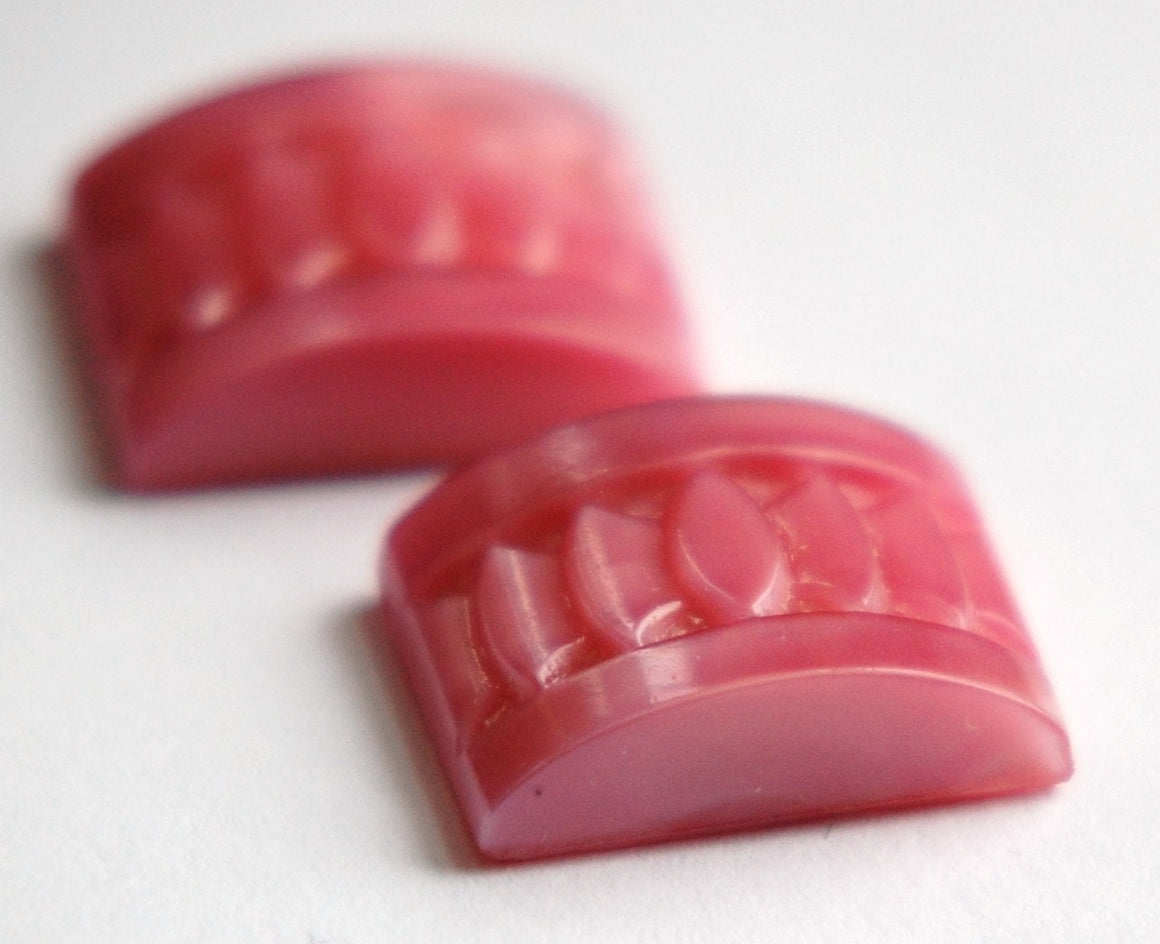 Vintage Czech Deco Pink Glass Etched Cabochons 18x13mm (2) cab775D