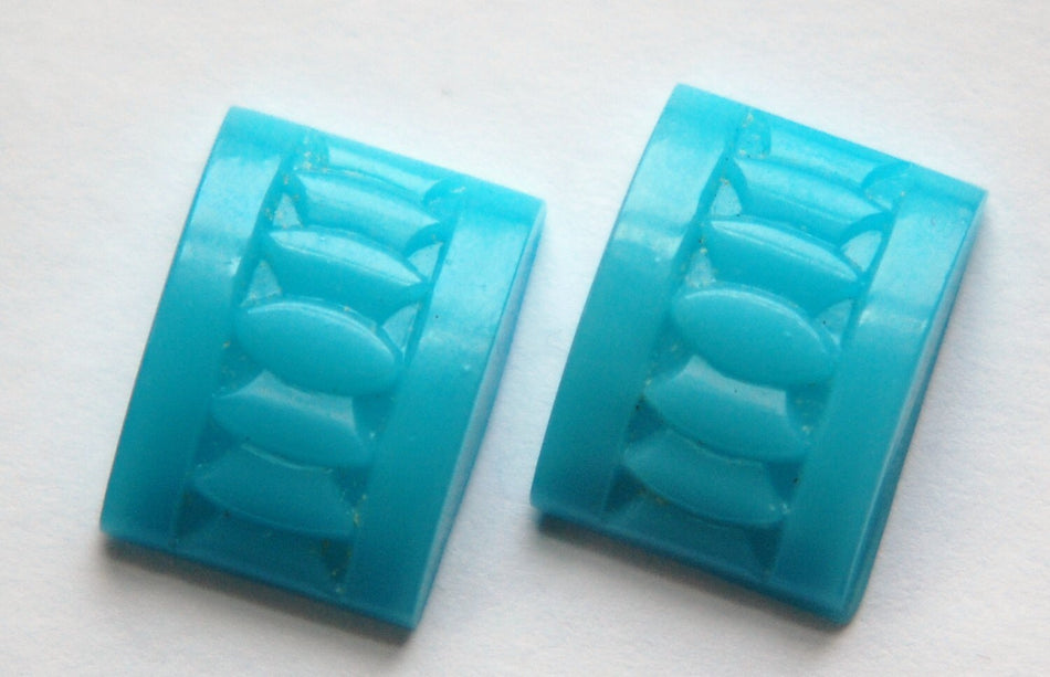 Vintage Czech Deco Turquoise Blue Glass Etched Cabochons 18x13mm (2) cab775A