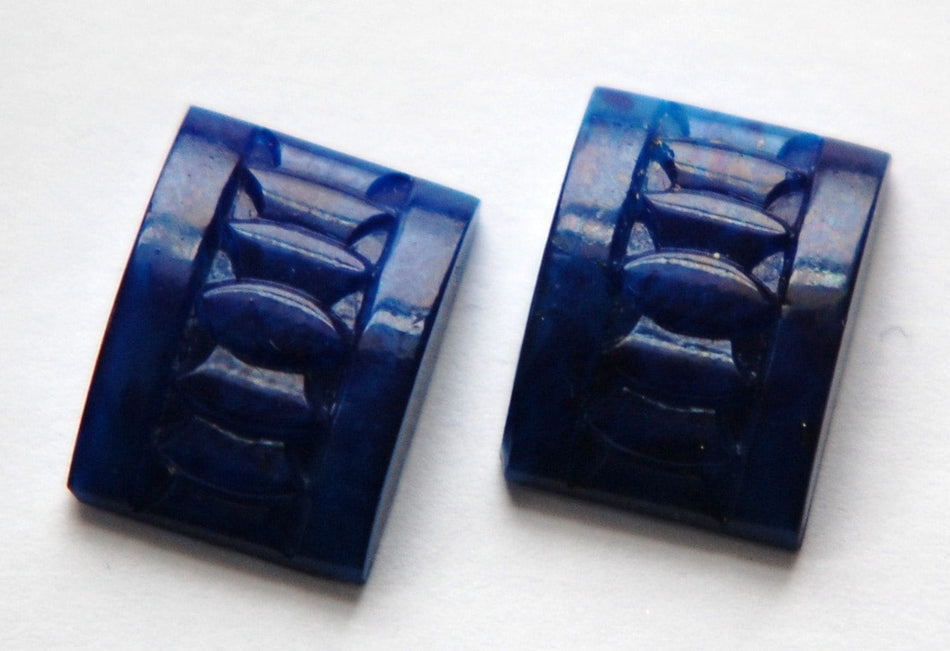 Vintage Czech Deco Lapis Blue Glass Etched Cabochons 18x13mm (2) cab775B