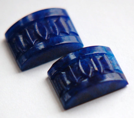 Vintage Czech Deco Lapis Blue Glass Etched Cabochons 18x13mm (2) cab775B