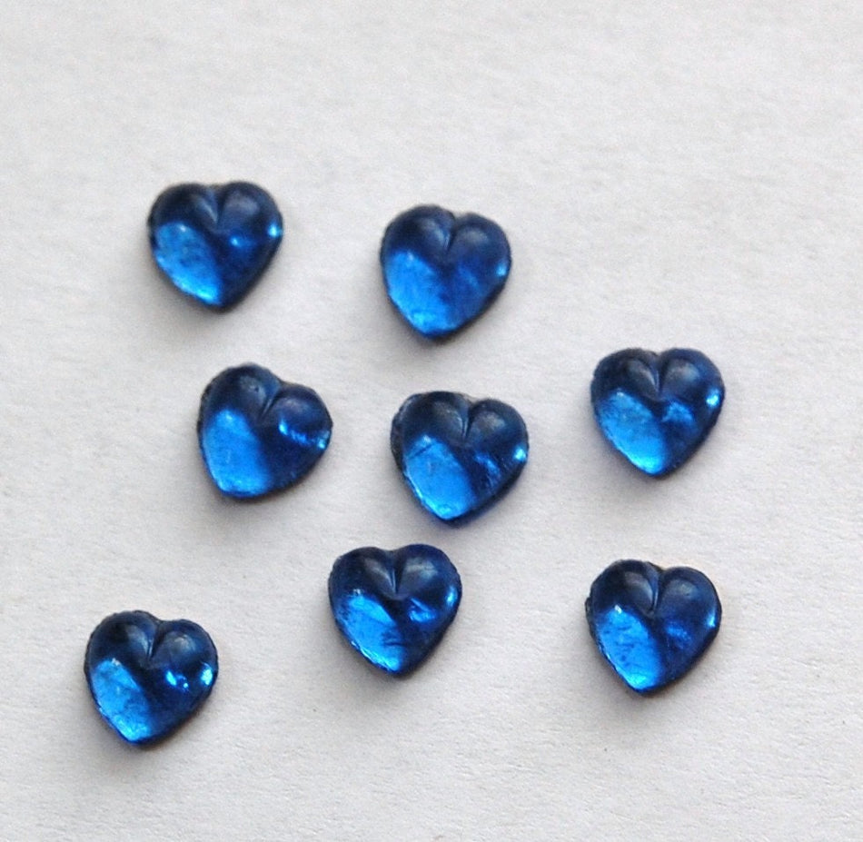 Vintage Little Sapphire Blue Foiled Glass Hearts cab701D