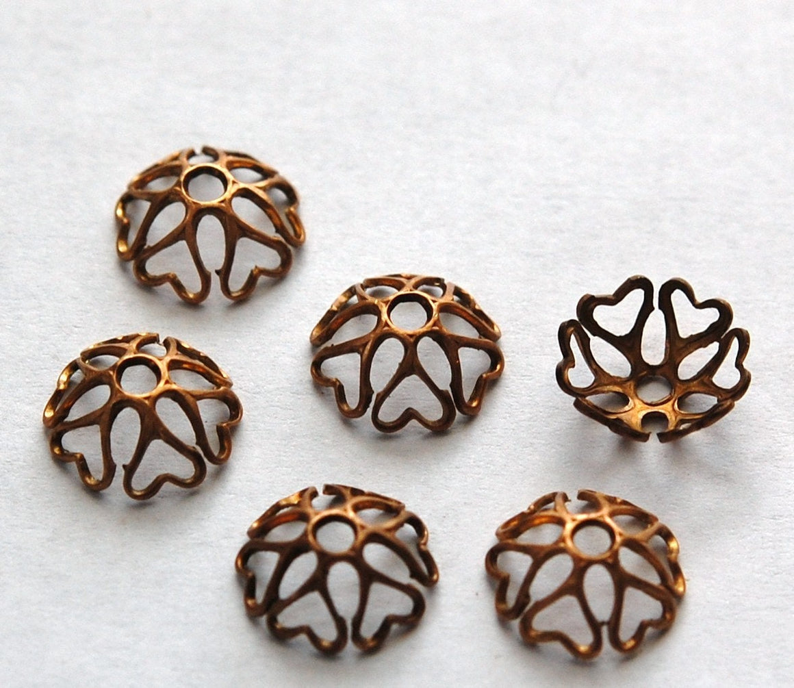 Lacy Raw Brass Heart Design Bead Caps 10mm (6) mtl058