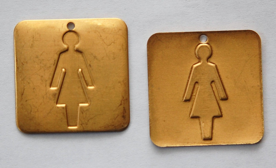 Raw Brass Lady Symbol Square Charm Pendant 29mm (2) mtl064