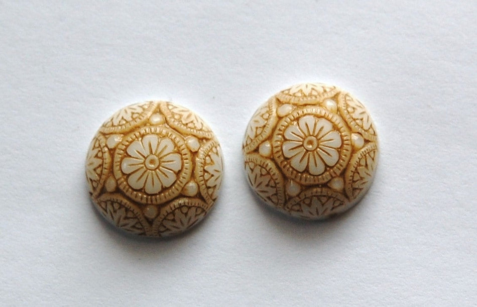 Vintage White Mosaic Glass Cabochons with Beige 14mm (1) cab757E