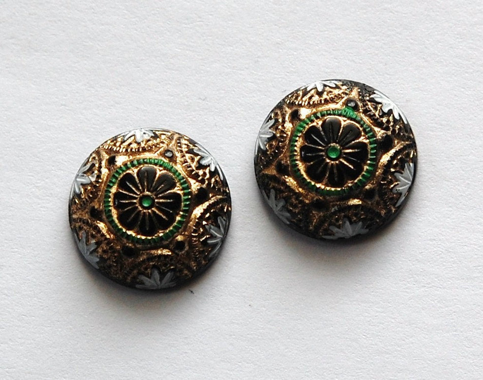 Vintage Black Mosaic Glass Cabochons with Gold White Green 14mm (1) cab757F