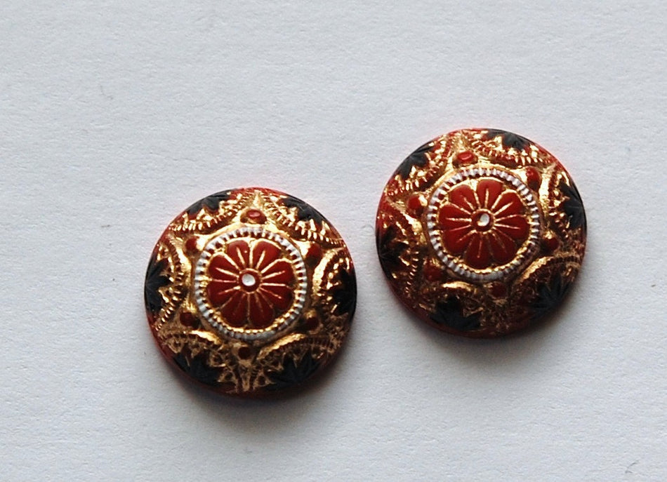 Vintage Red Mosaic Glass Cabochons with Gold Black 14mm (1) cab757G