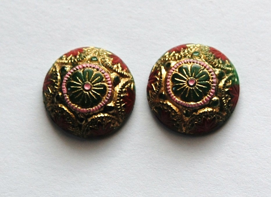 Vintage Green Mosaic Glass Cabochons with Gold Red 14mm (1) cab757H