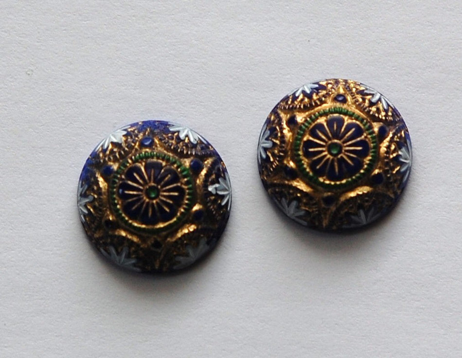 Vintage Blue Mosaic Glass Cabochons with Gold White 14mm (1) cab757J
