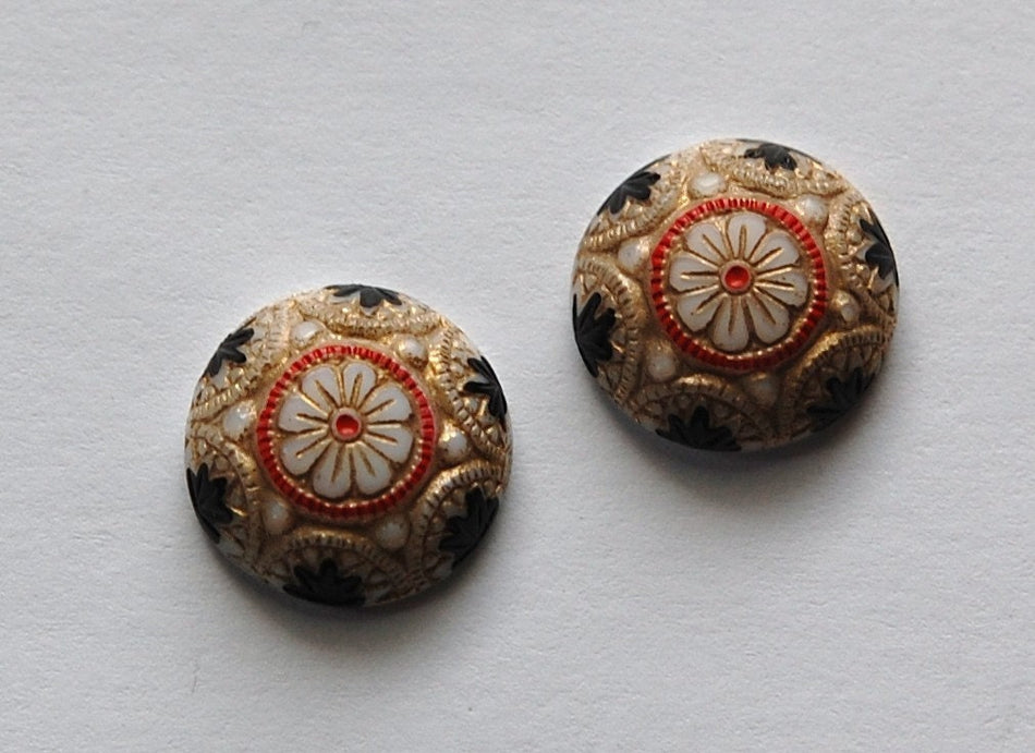 Vintage White Mosaic Glass Cabochons with Gold Red Black 14mm (1) cab757K