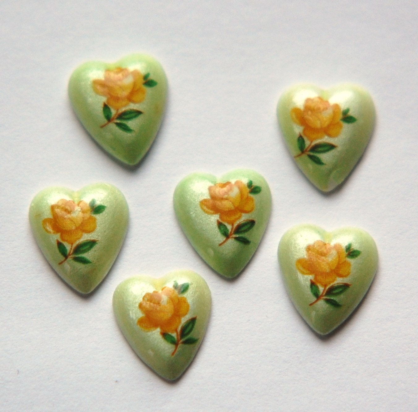 Vintage Glass Heart Cabochons Orange Rose on Green Japan 12mm (6) cab422E