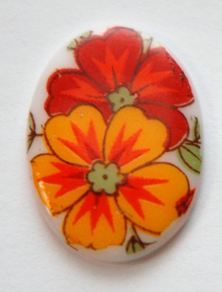 Vintage German Red and Orange Glass Flowers Cabochon 25x18mm cab257A