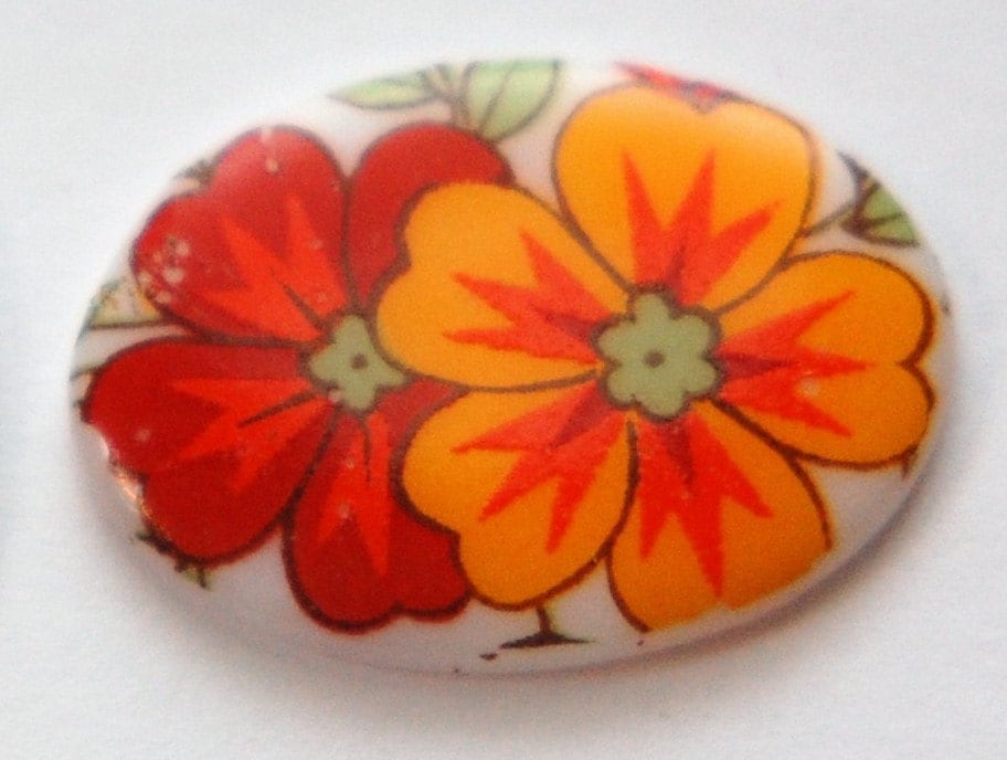 Vintage German Red and Orange Glass Flowers Cabochon 25x18mm cab257A