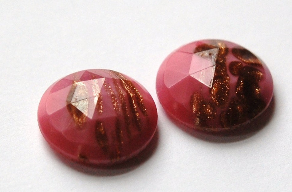 Vintage Pink Faceted Glass with Goldstone 18mm (2) cab780B