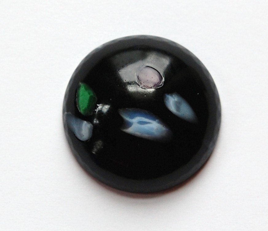 Vintage Large Black Glass Cabochon with Colored Inclusions cab021