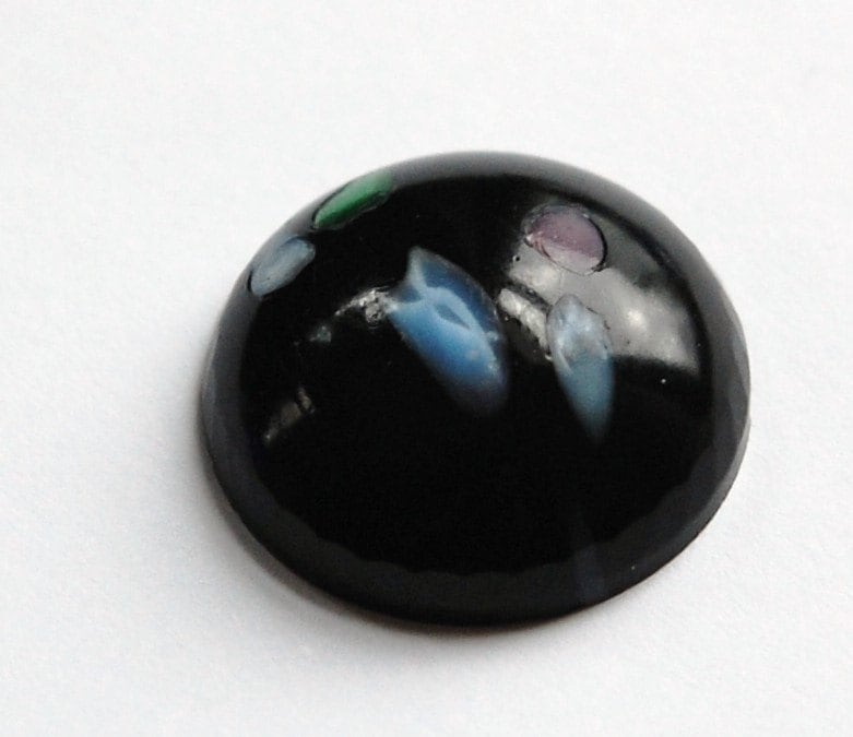 Vintage Large Black Glass Cabochon with Colored Inclusions cab021