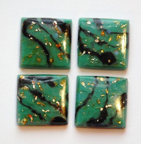 Vintage Green Glass Square Cabochons Swirled with Foil 15mm cab036H