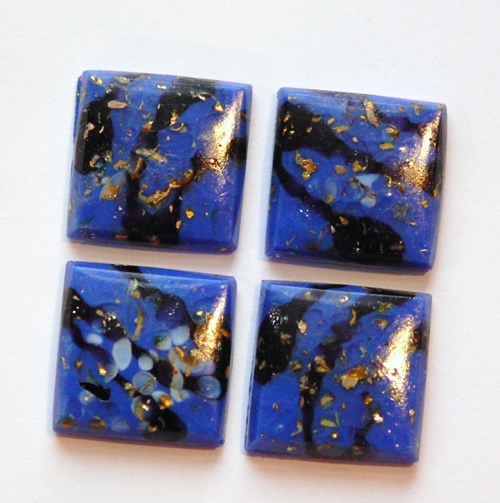 Vintage Blue Glass Square Cabochons Swirled with Foil 15mm cab036A
