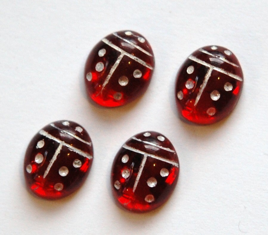 Ruby Red and White Glass Lady Bug Cabochons (4) cab781A