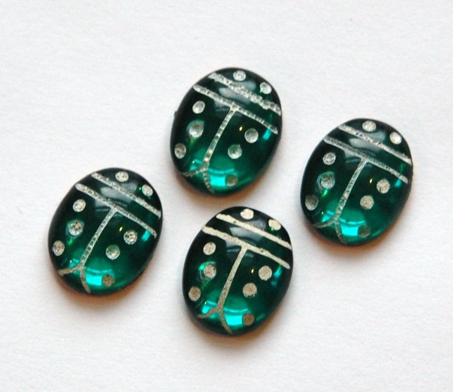Emerald Green and White Glass Lady Bug Cabochons (4) cab781B