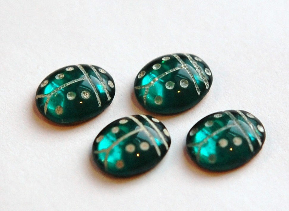 Emerald Green and White Glass Lady Bug Cabochons (4) cab781B