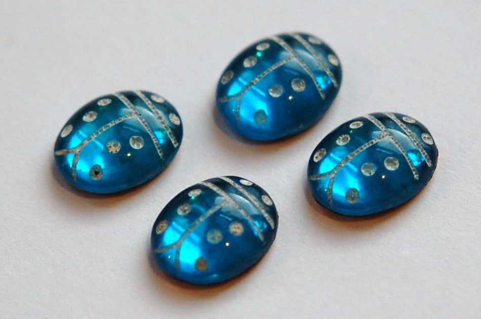 Aqua Blue and White Glass Lady Bug Cabochons (4) cab781C