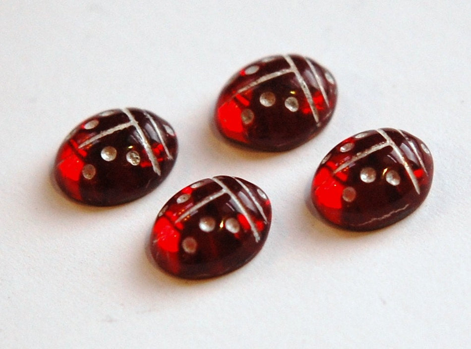 Ruby Red and White Glass Lady Bug Cabochons (4) cab781A