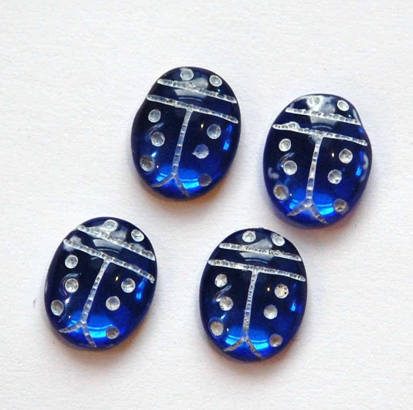 Sapphire Blue and White Glass Lady Bug Cabochons (4) cab781E