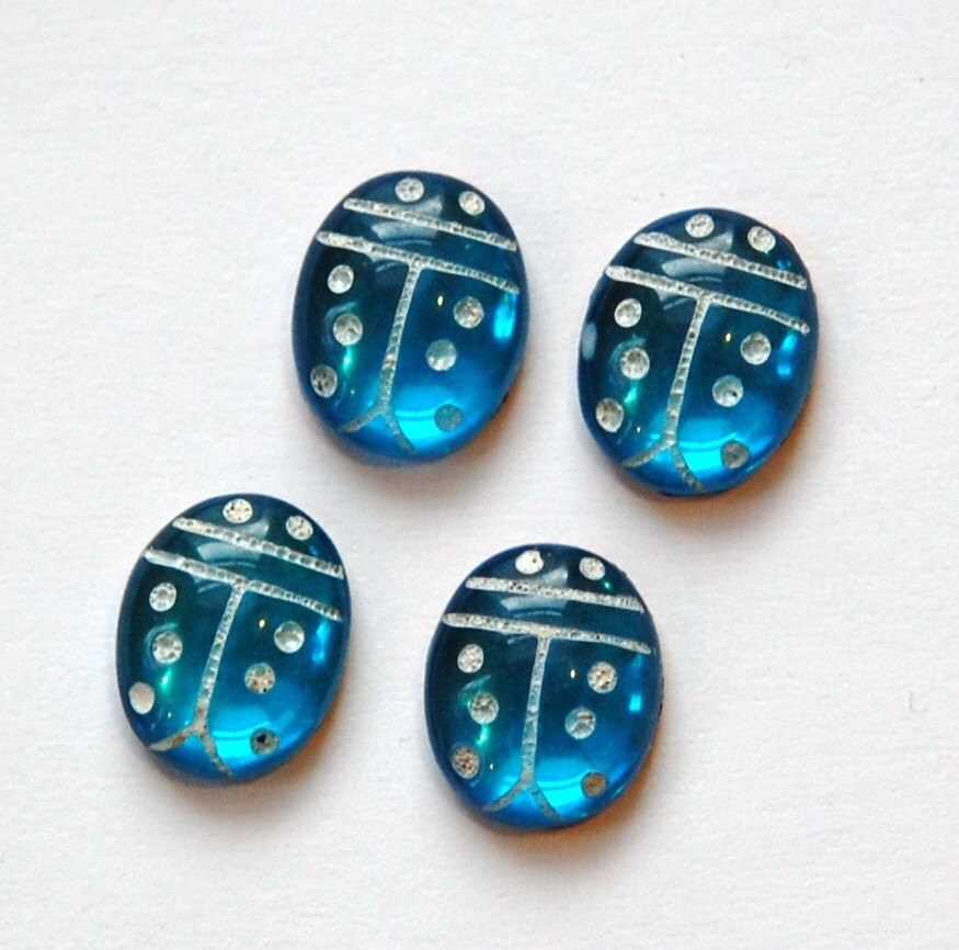 Aqua Blue and White Glass Lady Bug Cabochons (4) cab781C