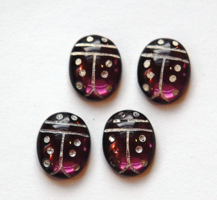 Amethyst Purple and White Glass Lady Bug Cabochons (4) cab781D