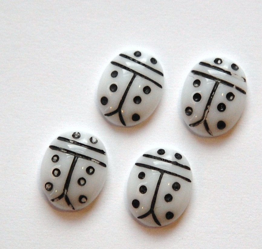 Opaque White and Black Glass Lady Bug Cabochons (4) cab781G