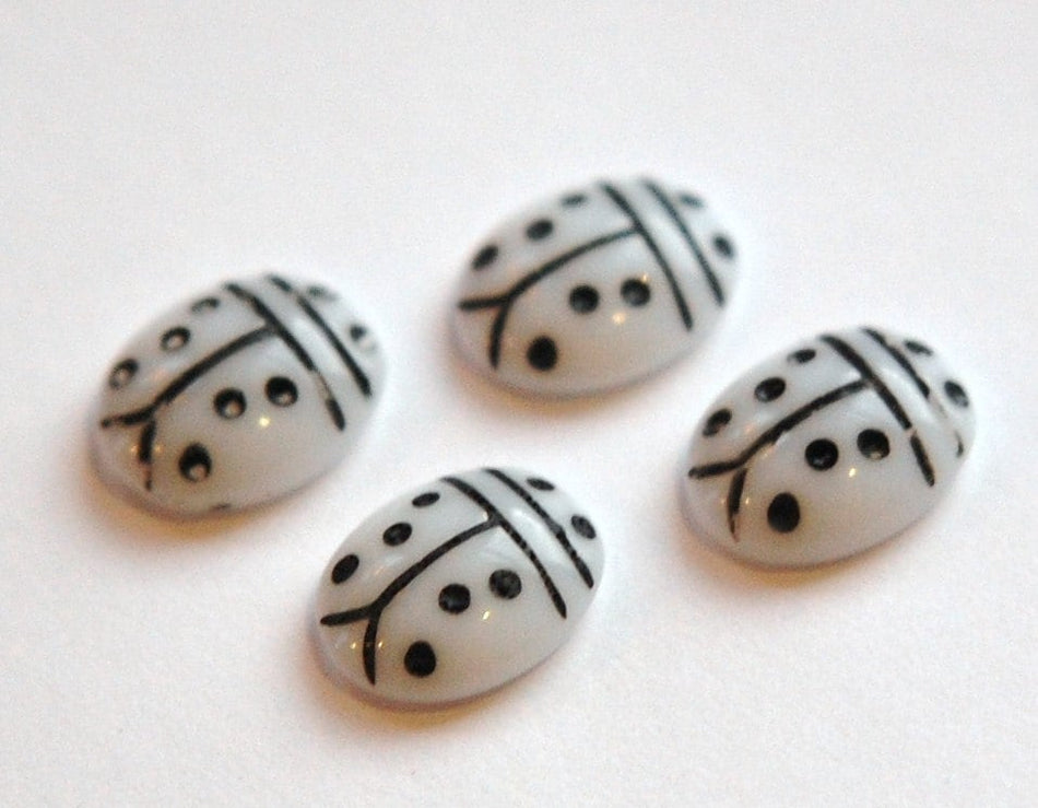 Opaque White and Black Glass Lady Bug Cabochons (4) cab781G