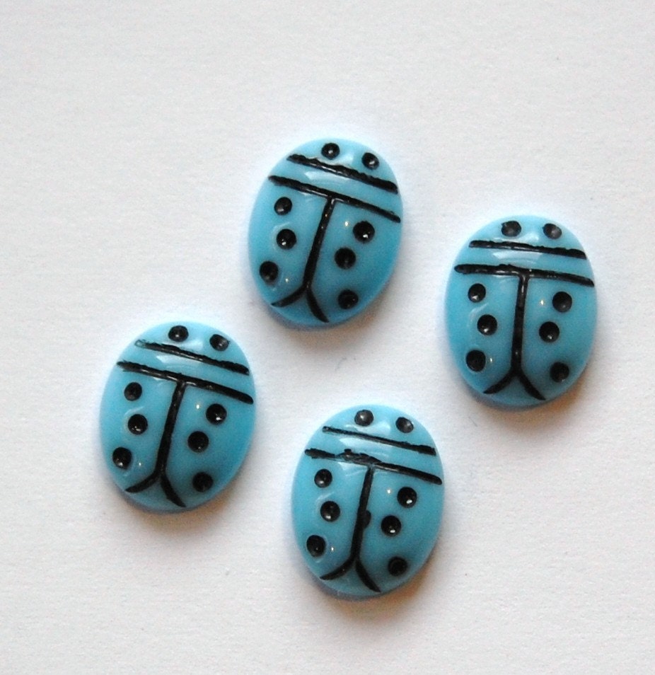 Opaque Blue and Black Glass Lady Bug Cabochons (4) cab781H