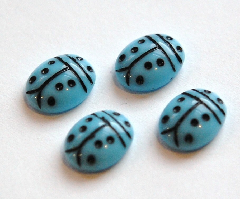Opaque Blue and Black Glass Lady Bug Cabochons (4) cab781H