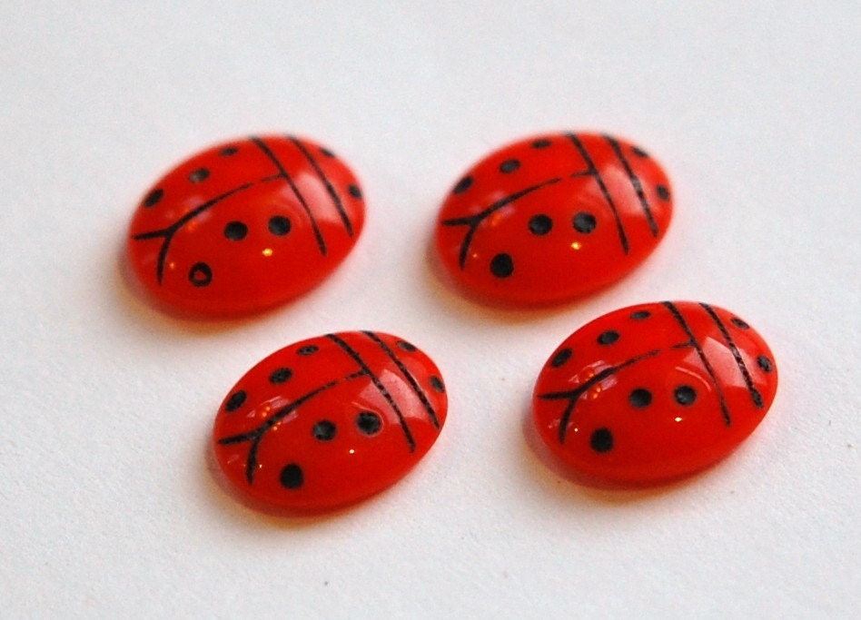 Opaque Orange and Black Glass Lady Bug Cabochons (4) cab781J