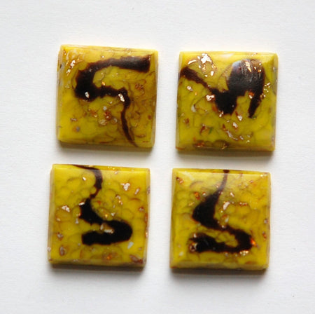 Vintage Yellow Glass Square Cabochons Swirled with Foil 15mm cab036C