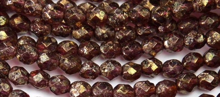 6mm Amethyst Stone Copper Picasso Czech Faceted Firepolish Glass Beads (25)