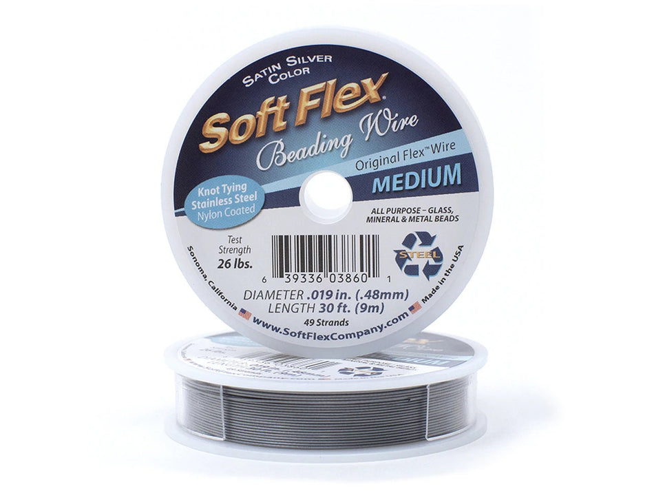0.019in/0.48mm Satin Silver Soft Flex Medium Beading Wire 10/30/100ft