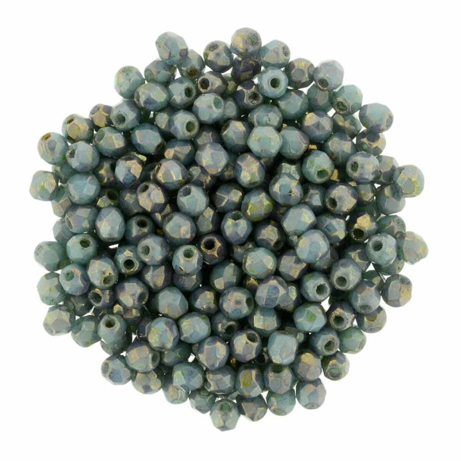 6mm Persian Turquoise - Bronze Picasso Czech Faceted Firepolish Glass Beads (25)