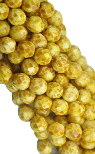 8mm Czech Opaque White Picasso Faceted Glass Beads (25)