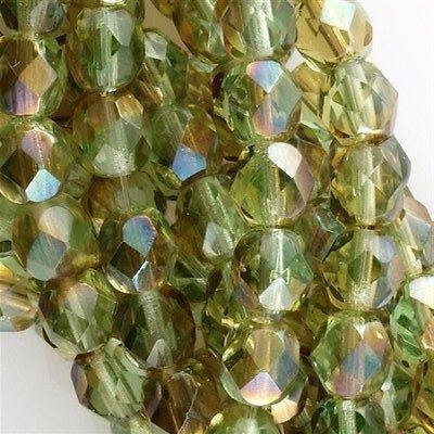Czech Faceted Chrysolite Celsian Firepolish Glass Beads 6mm (25)