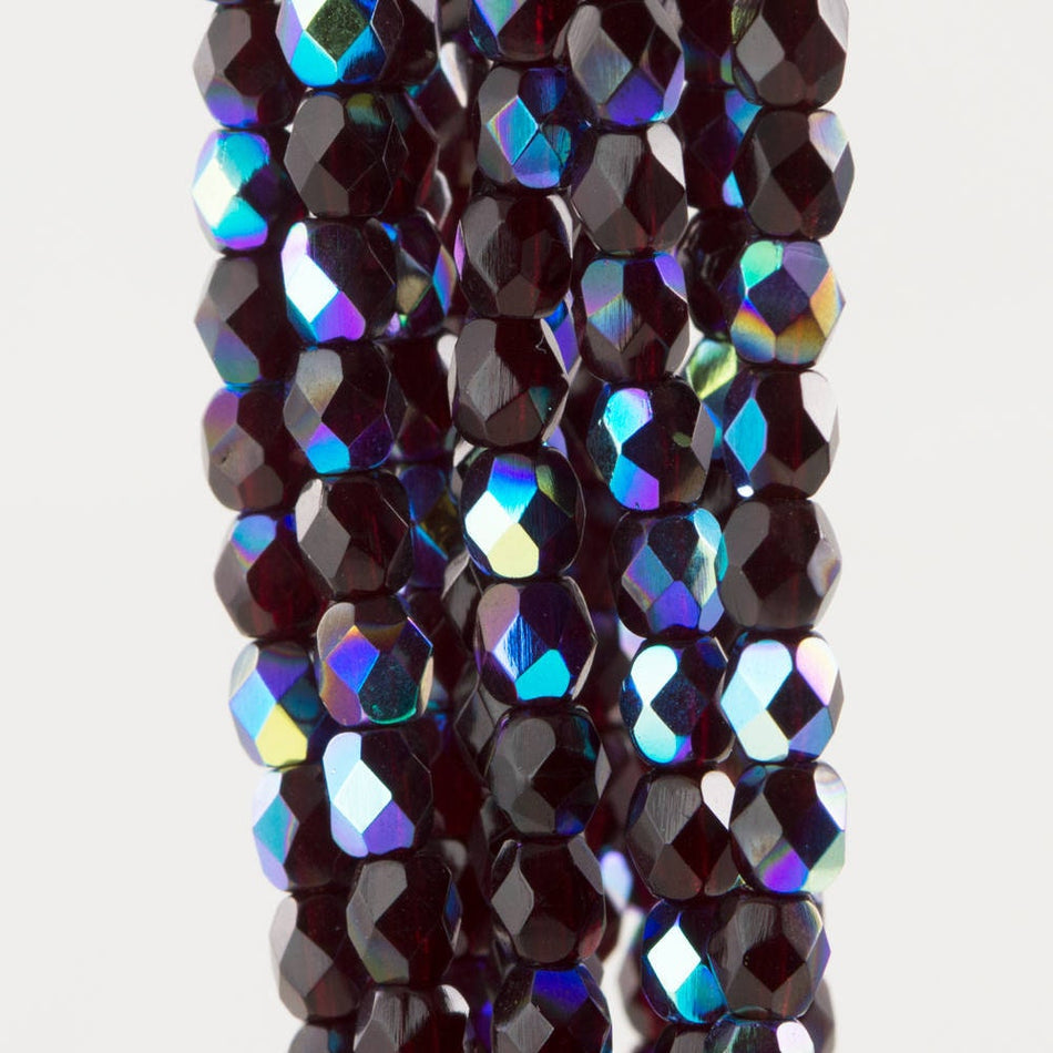 Czech Faceted Transparent Garnet AB Firepolish Glass Beads 4mm (50)