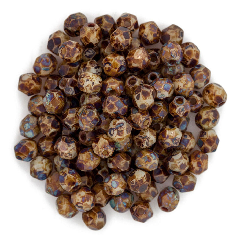 4mm Opaque Beige Picasso Czech Faceted Firepolish Glass Beads (50)