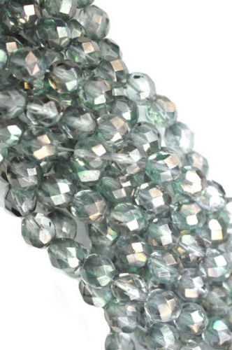 6mm Czech Faceted Luster Green Crystal Firepolish Glass Beads (25)