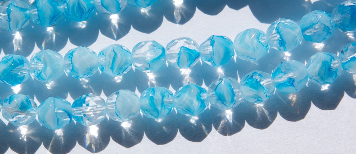 8mm Aqua Porphyr Czech Firepolish Faceted Glass Beads (25)