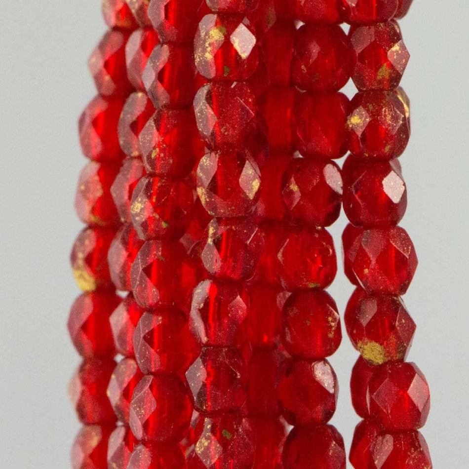 3mm Marbled Gold Siam Ruby Czech Faceted Firepolish Glass Beads (50)