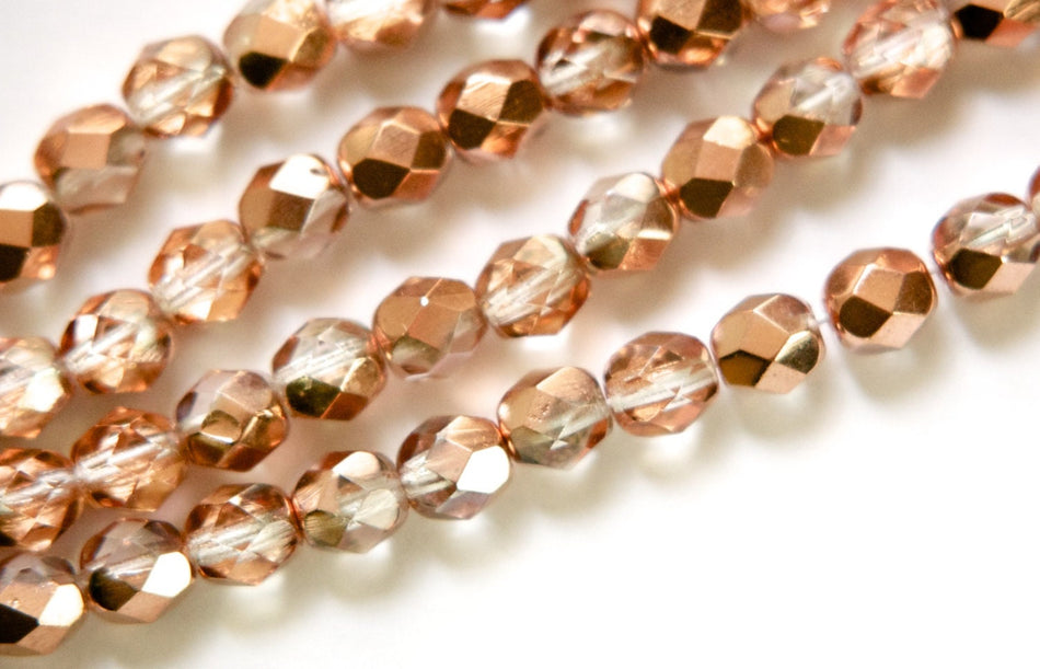 6mm Half Copper / Crystal Czech Firepolish Faceted Glass Beads (25)