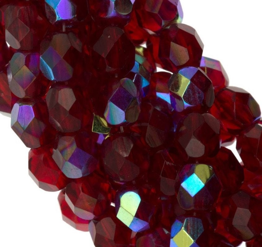 6mm Ruby AB Czech Faceted Firepolish Glass Beads (25)