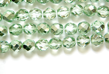 8mm Half Light Green / Crystal Czech Firepolish Faceted Glass Beads (25)