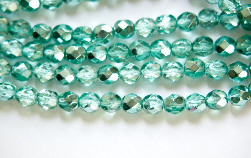 6mm Half Teal / Crystal Czech Firepolish Faceted Glass Beads (25)